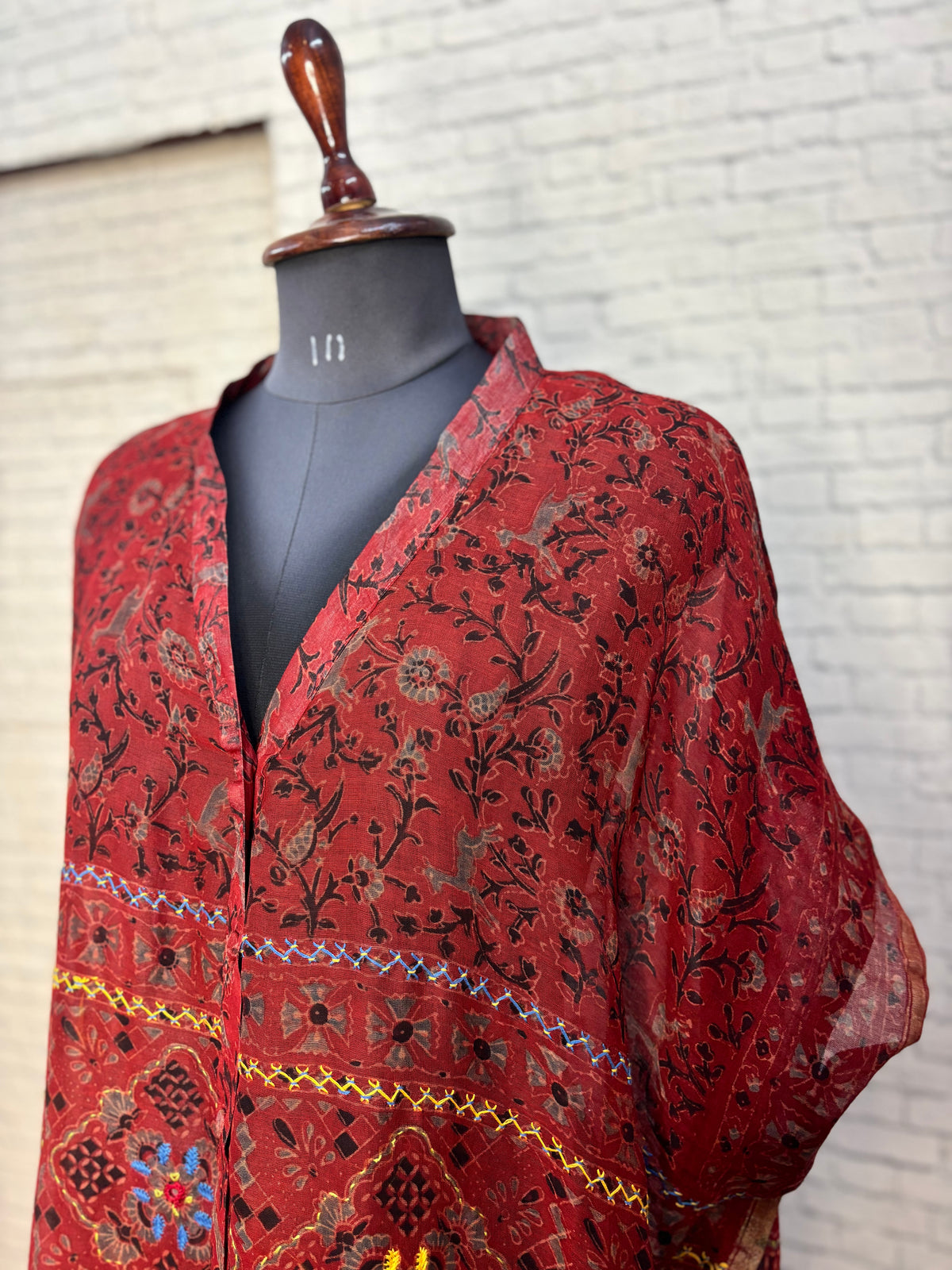Red Ajrakh Chanderi Shirt Kaftan with Hand Embroidery