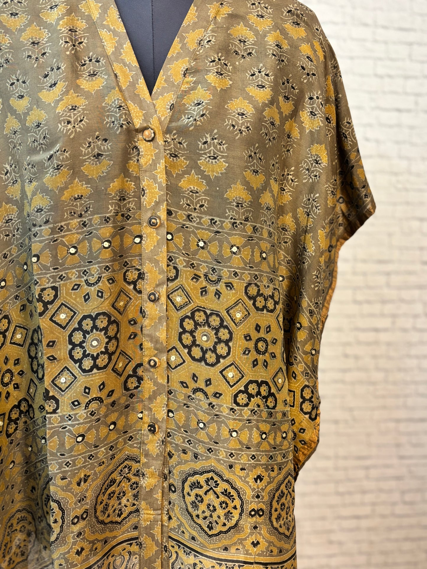 Kashish Yellow Ajrakh Chanderi Shirt Kaftan with Sequin Detailing
