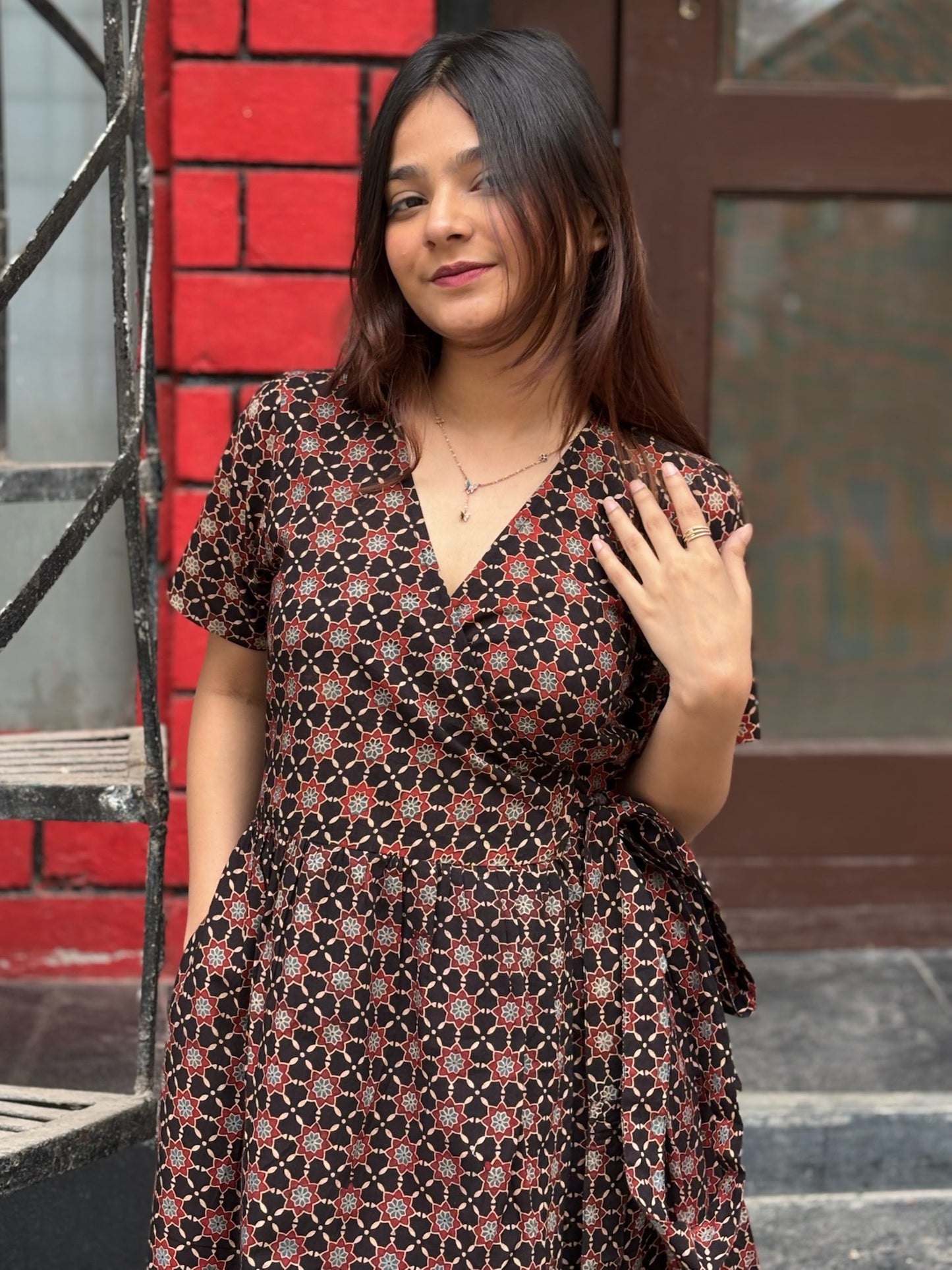 Zaina Ajrakh Hand Block Printed Knee Length Wrap Dress