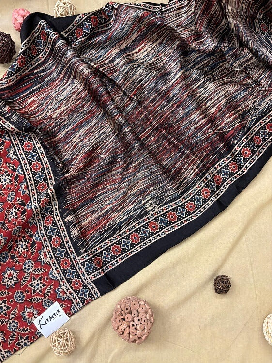 Black Brush Ajrakh Hand Block Printed Mashru Silk Stole
