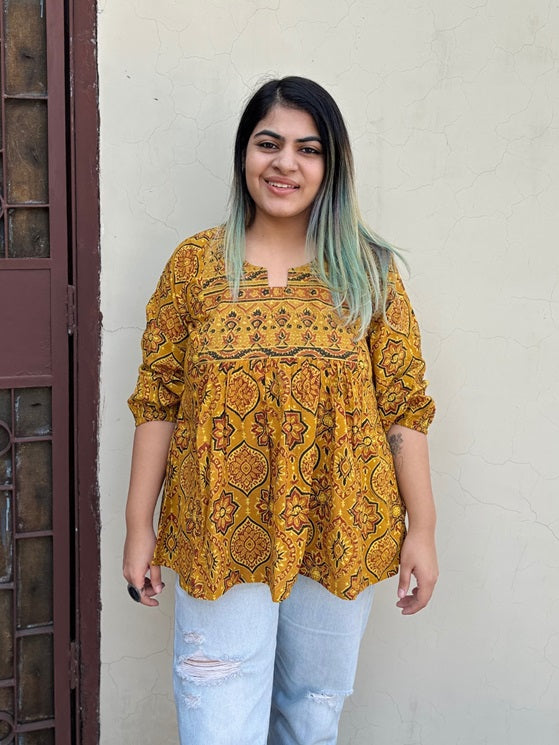 Yellow Ajrakh Boho Top with Back Drawstring