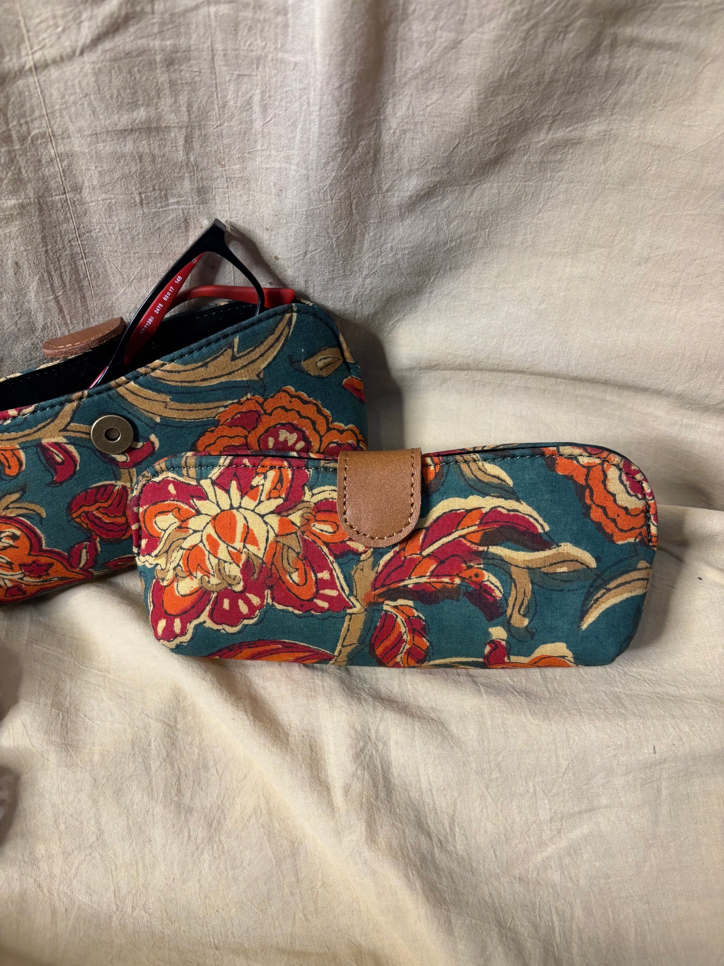 Green Orange Hand Block Print Eyewear Case
