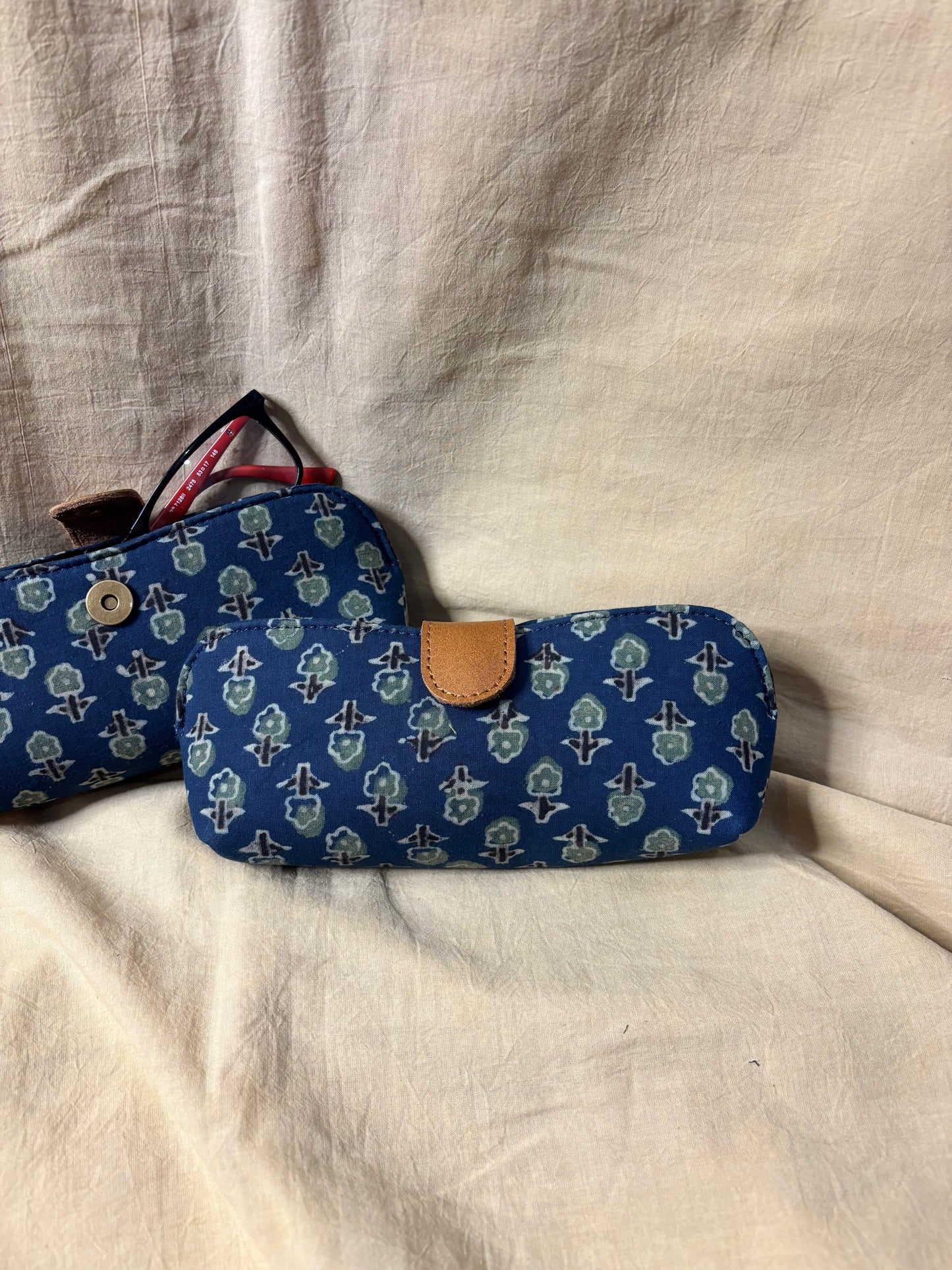 Indigo Green Flower Ajrakh Hand Block Print Eyewear Case