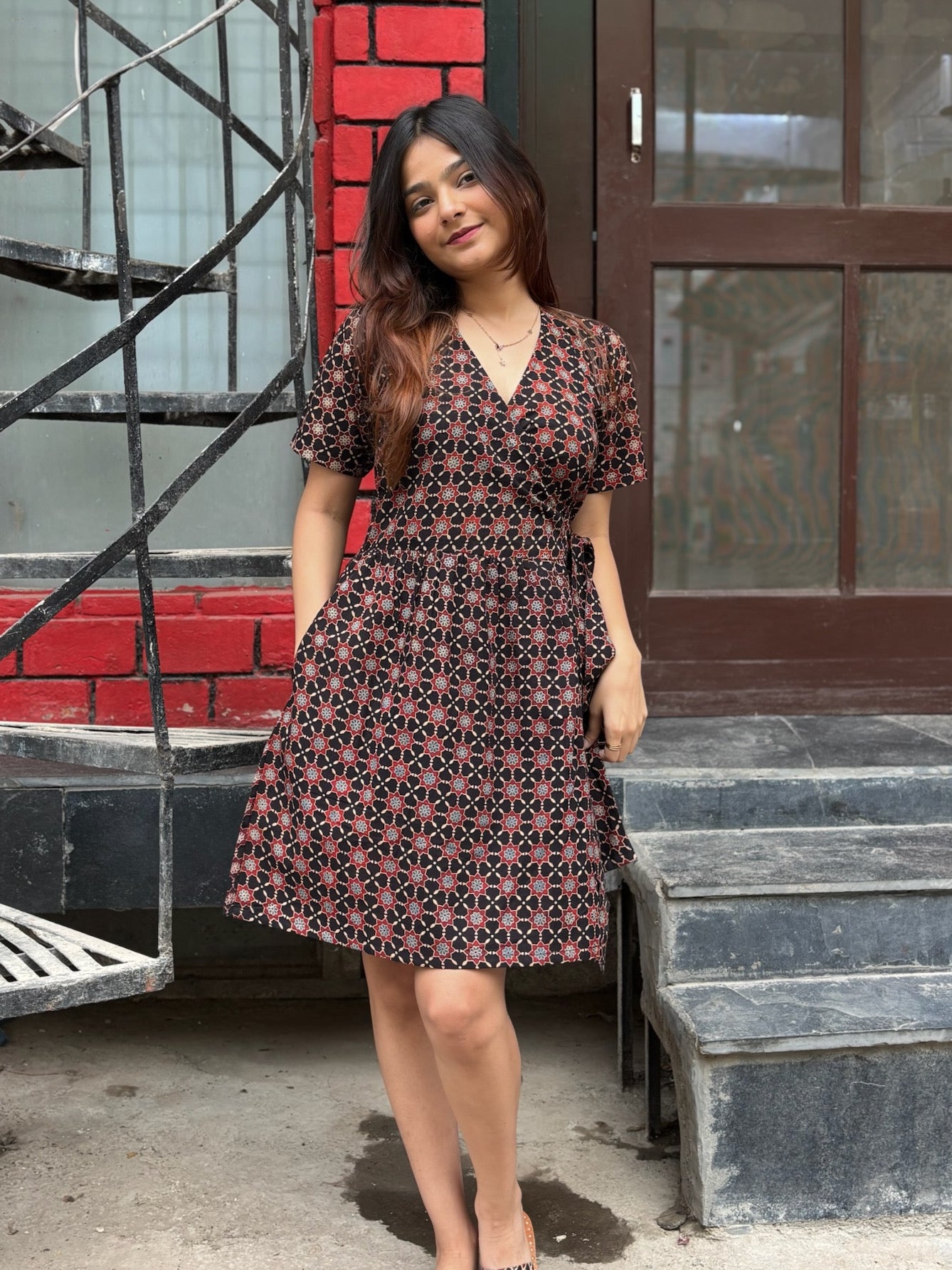 Zaina Ajrakh Hand Block Printed Knee Length Wrap Dress