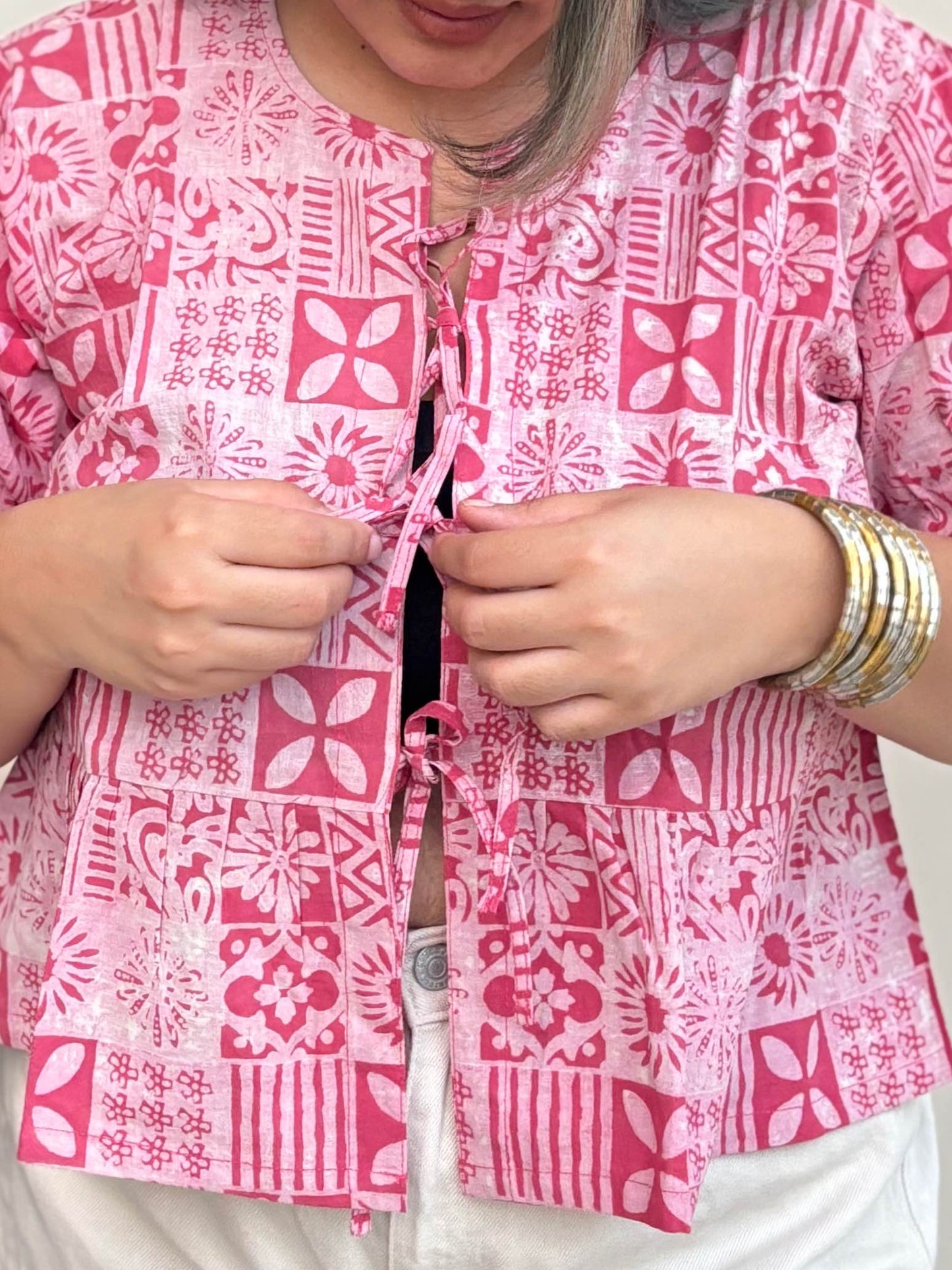 Pink Tiles Hand Block Printed Front Tie Top with Sleeves