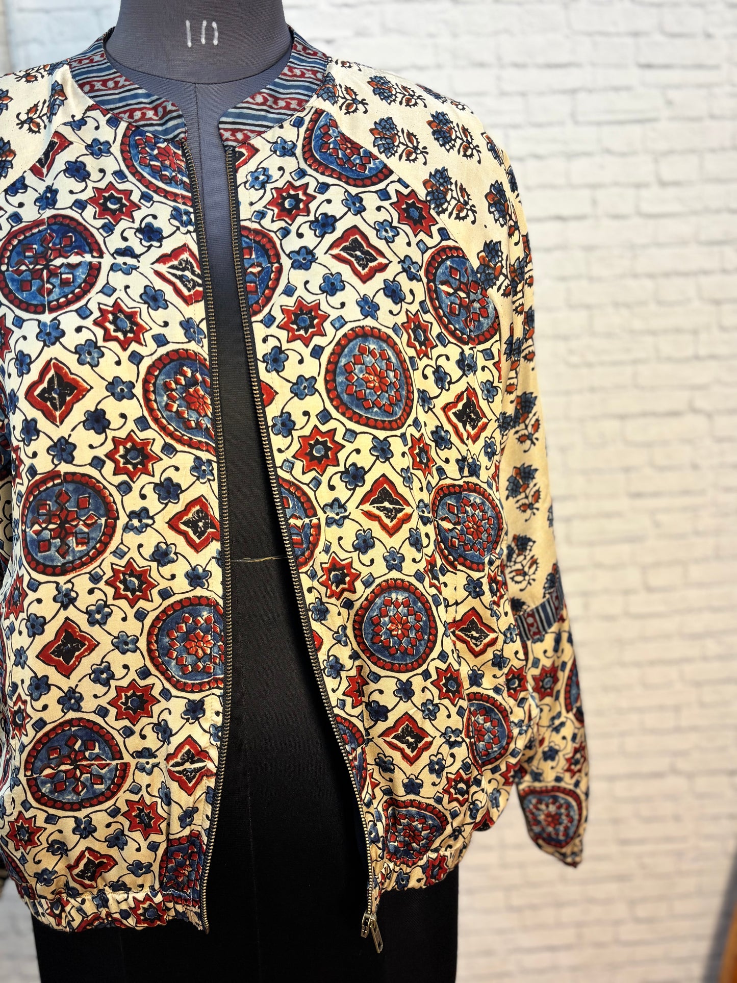 White Modal Silk Ajrakh Unisex Bomber Jacket