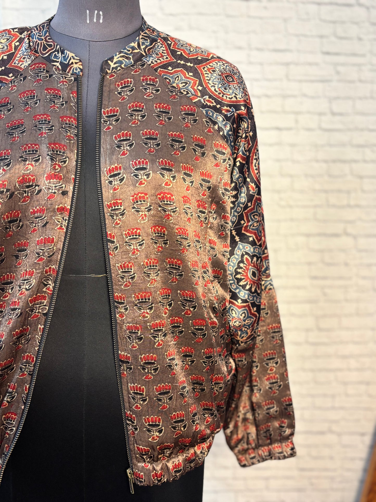 Brown Red Mashru Silk Ajrakh Unisex Bomber Jacket