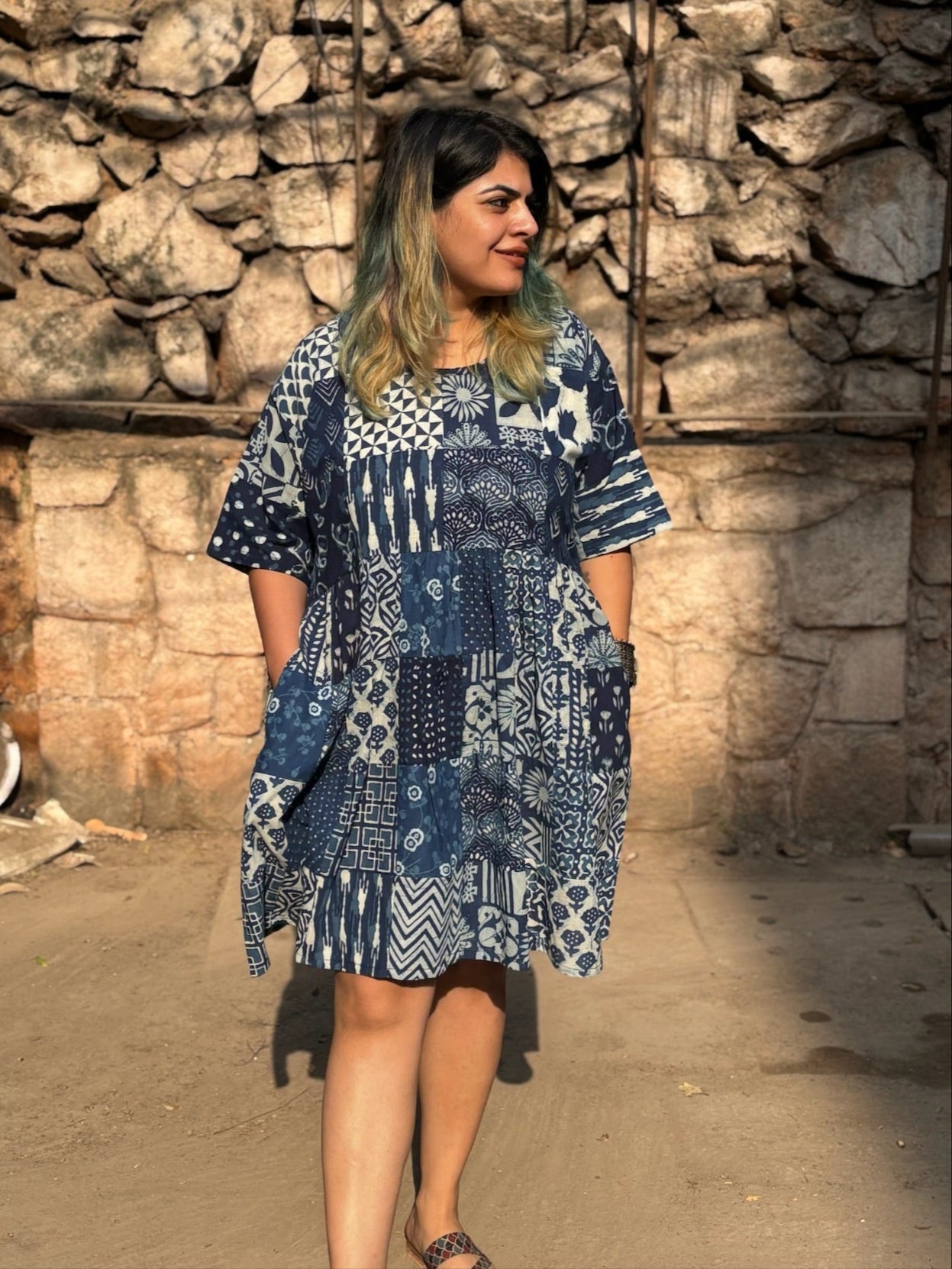 Indigo Patchwork Hand Block Printed Comfort Fit Knee Length Dress