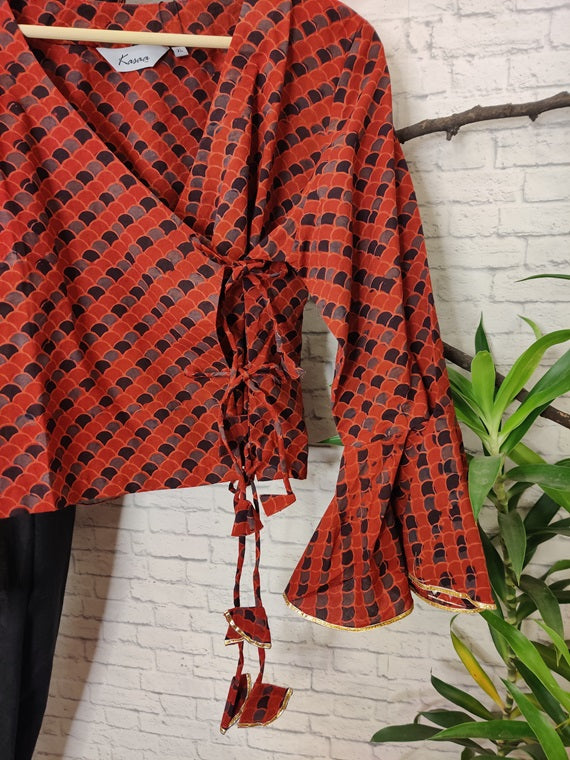 Red Fishscale Ajrakh Hand Block Printed Angrakha Short Top