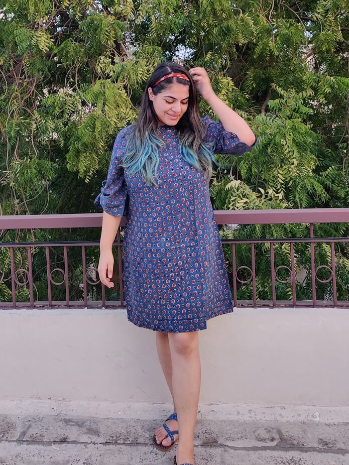 Zinnia Indigo Ajrakh Shift Dress with Knot Sleeves