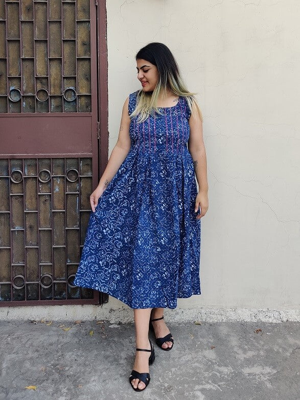 Blueberry Hand Block Printed Sleeveless Dress with Box Pleats