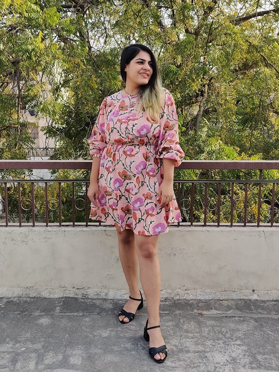 Gulaab Hand Block Printed Short Dress with Flared Hem