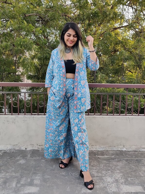 Saachi Hand Block Printed Culottes and Shrug Coordinated Set
