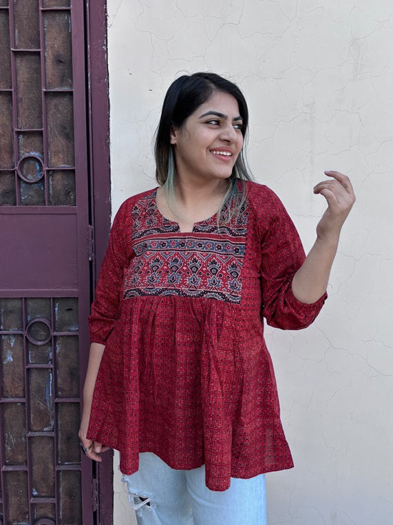 Red Ajrakh Boho Top with Back Drawstring