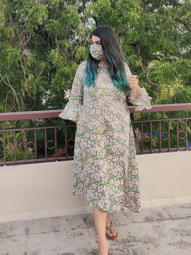 Green Floral Hand Block Printed Side Slit Dress with Pocket