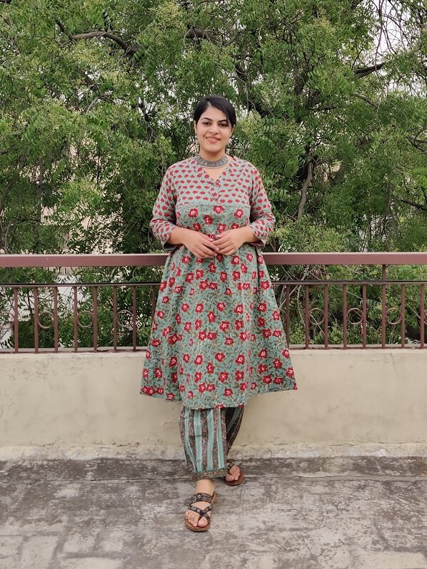Hibiscus Hand Block Printed Cotton Kurta Set with Afghani Pants