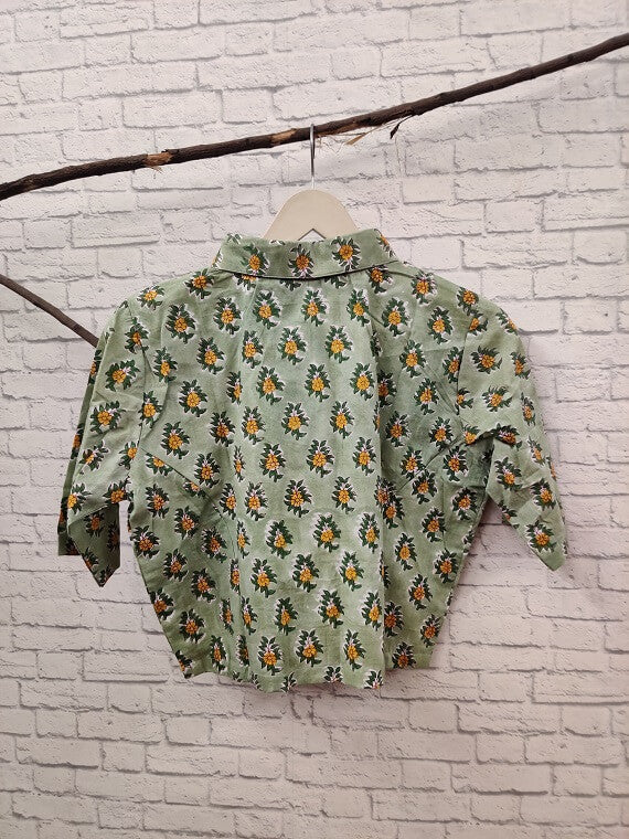 Green Yellow Floral Hand Block Printed Crop Top Shirt Blouse
