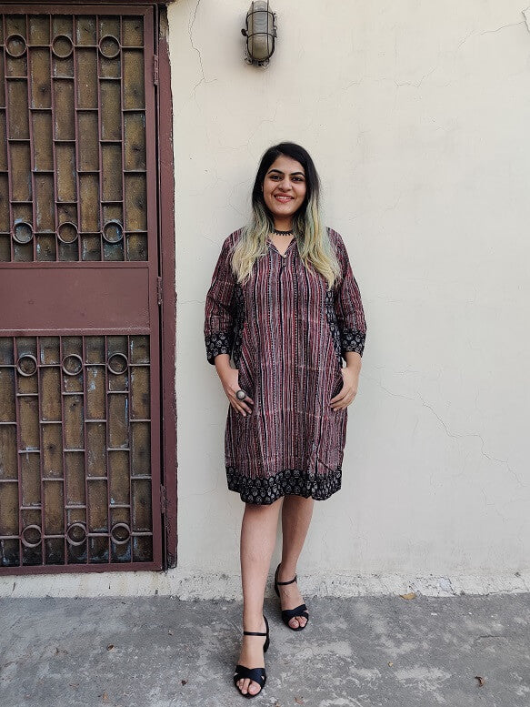 Cola Ajrakh Hand Block Printed Patch Shift Dress