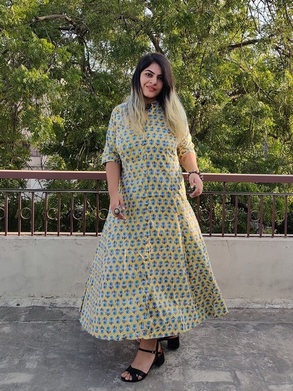 Yellow Grey Hand Block Printed A Line Maxi Shirt Dress