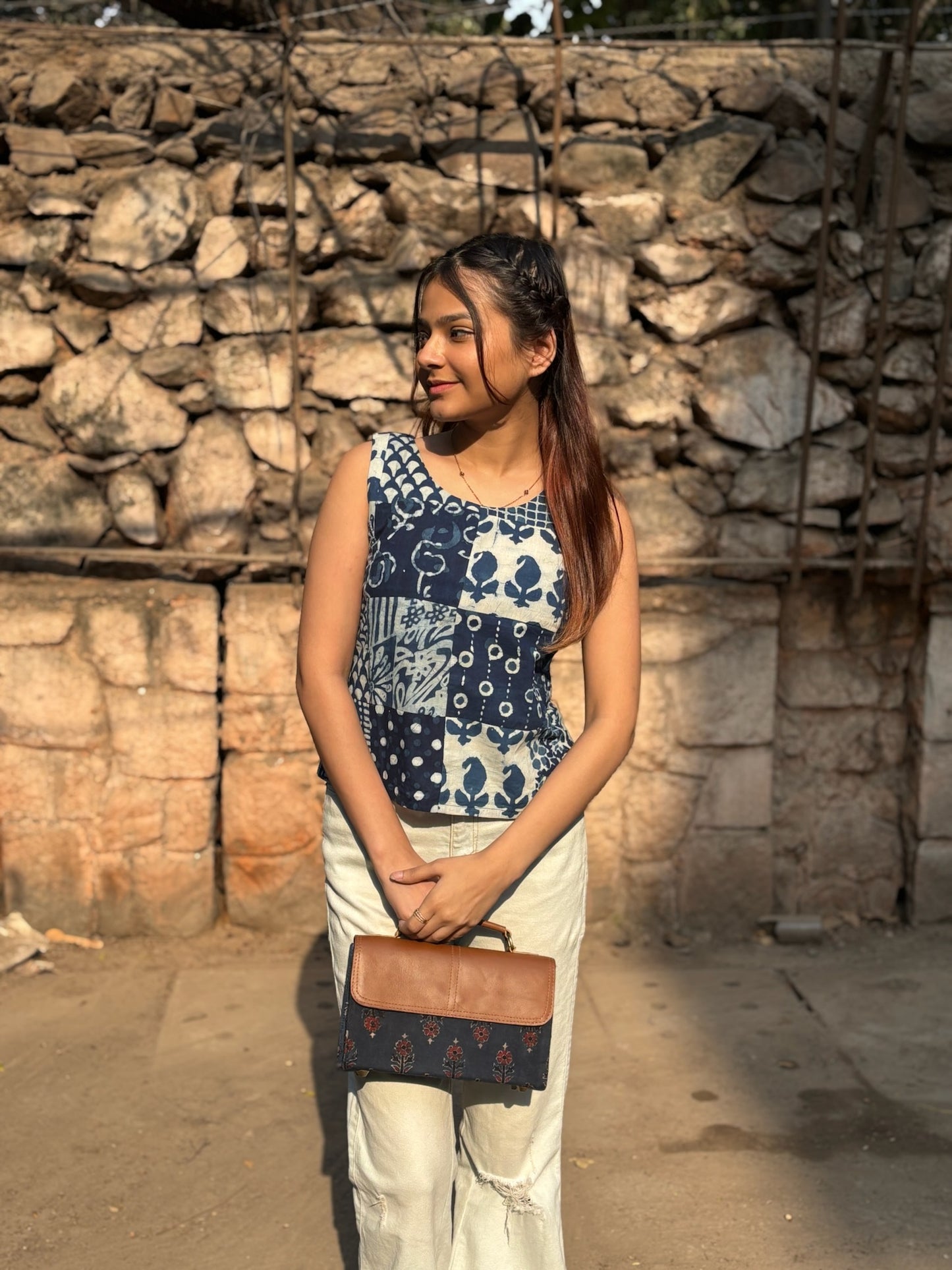 Indigo White Patch Work Sleeveless Crop Top