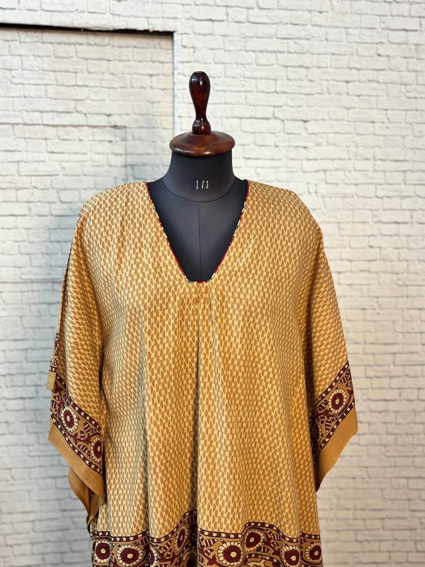 Brown Ajrakh Long Kaftan with Gather and Tassels