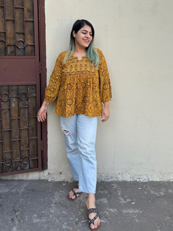 Yellow Ajrakh Boho Top with Back Drawstring