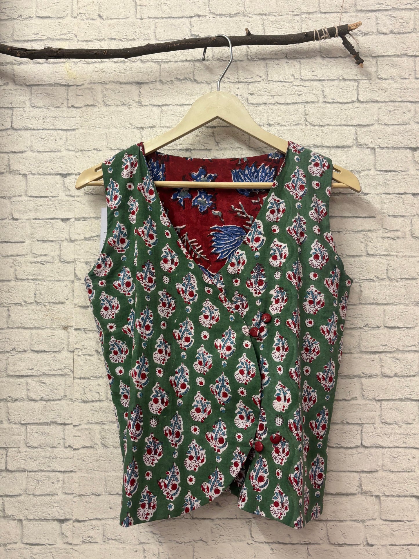 Red Green Hand Block Printed Reversible Waistcoat