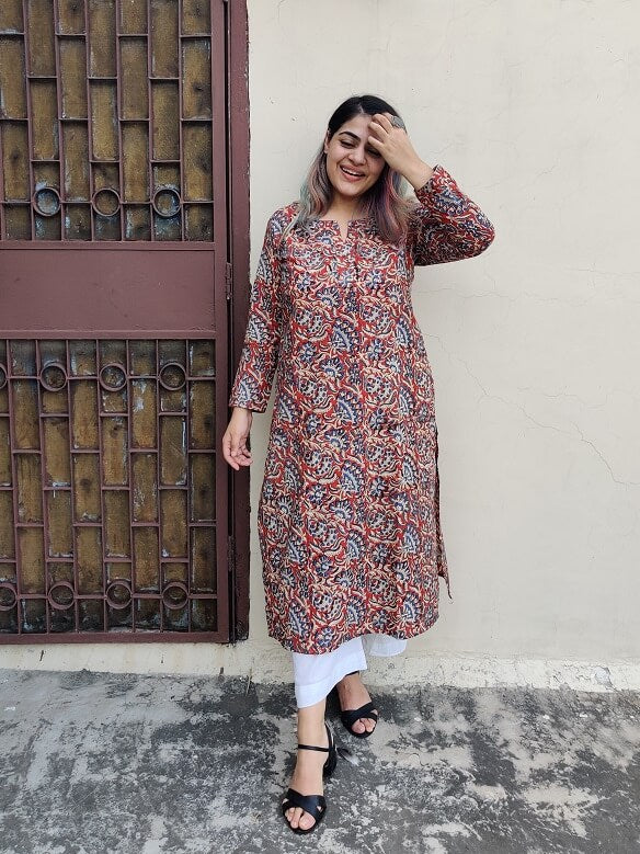 Red Kalamkari Hand Block Printed Cotton Long Kurta
