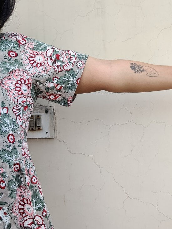 Camellia Hand Block Printed Knee Length Tiered Button Down Dress