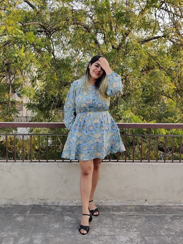 Iraa Hand Block Printed Short Dress with Flared Hem