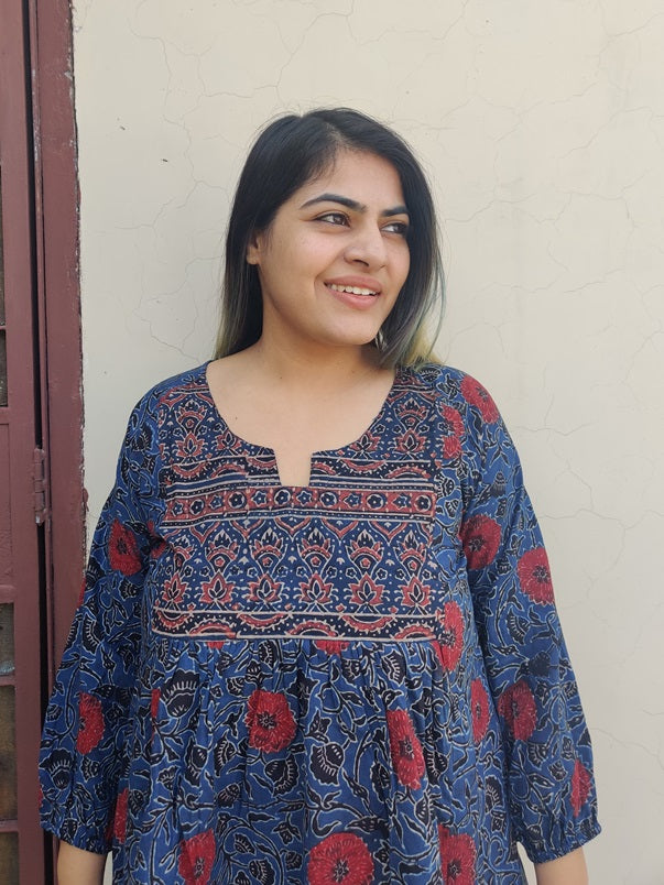 Indigo Red Ajrakh Boho Top with Back Drawstring