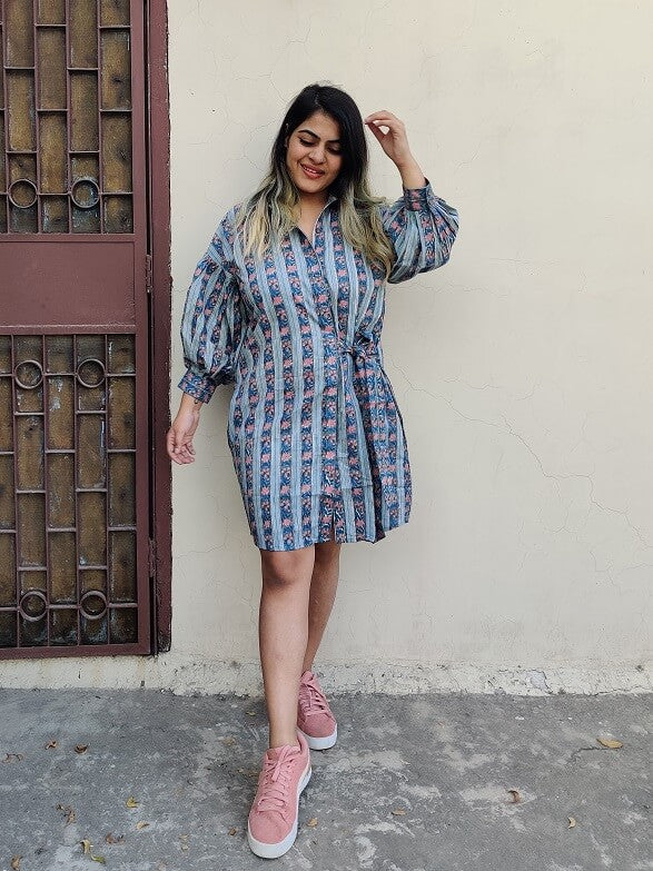 Teal Pink Hand Block Printed Comfort Fit Knee Length Shirt Dress with Side Belt