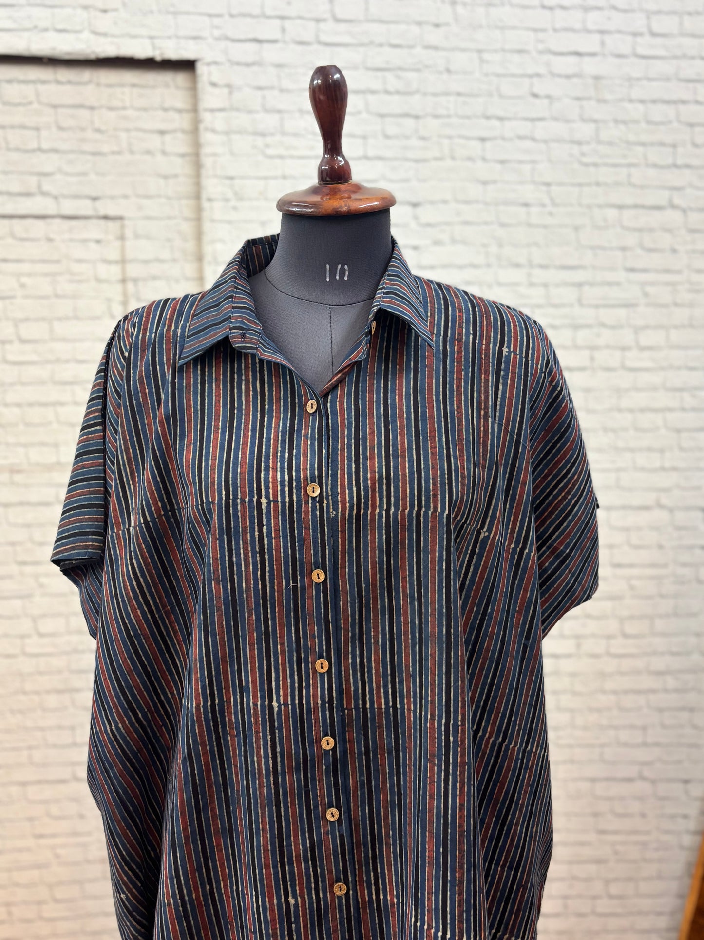 Indigo Red Stripes Ajrakh Cotton High Low Shirt Kaftan