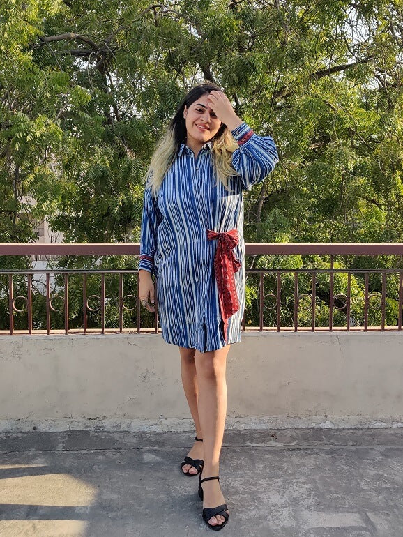 Indigo White Hand Block Printed Comfort Fit Knee Length Shirt Dress with Side Belt