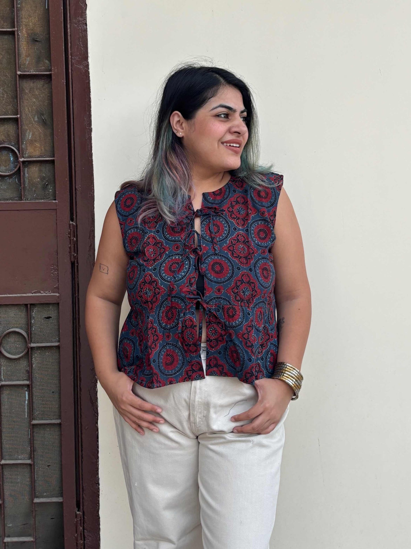 Indigo Red Ajrakh Hand Block Printed Front Tie Sleeveless Top