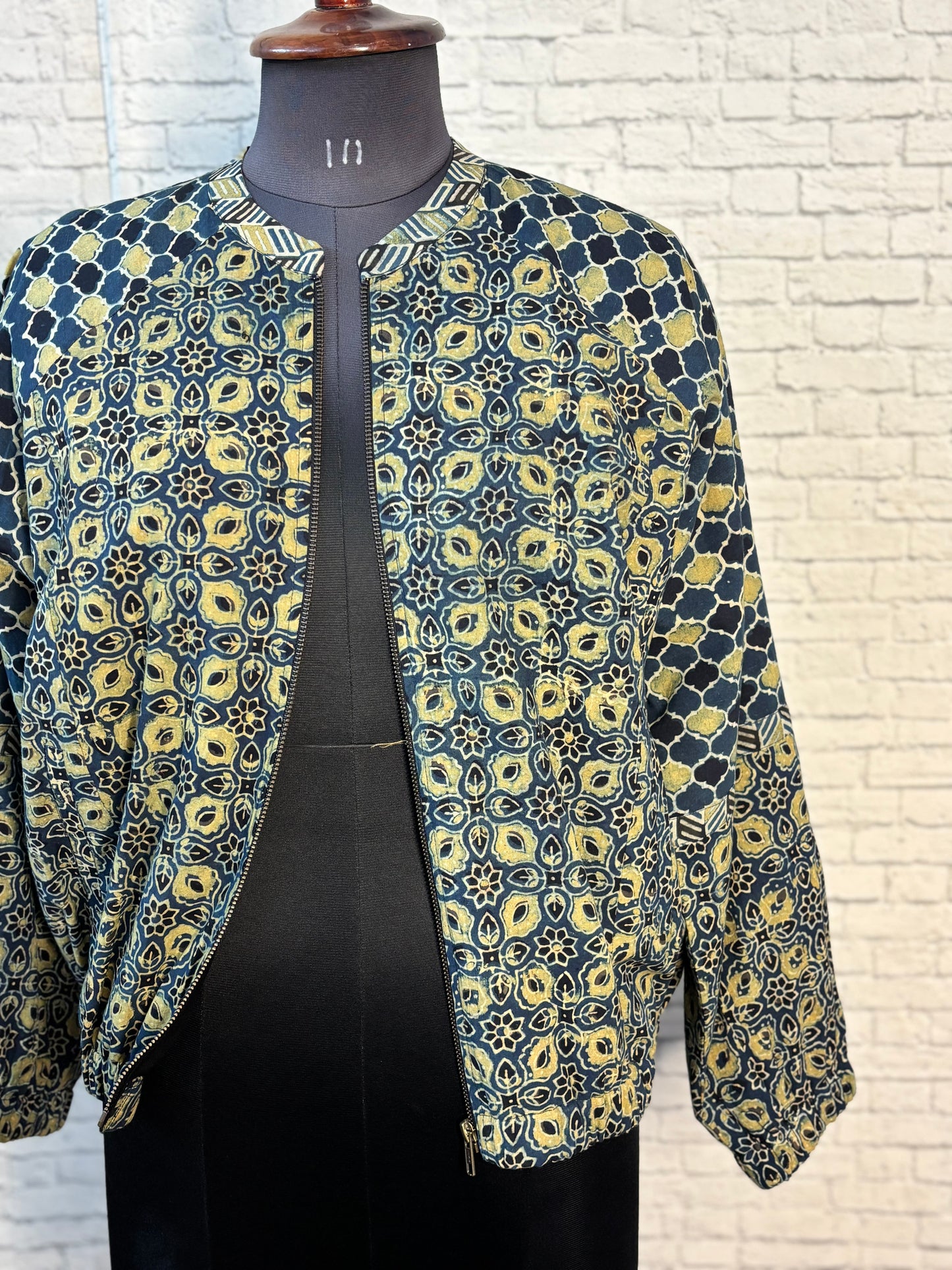 Indigo Green Hand Block Printed Unisex Bomber Jacket