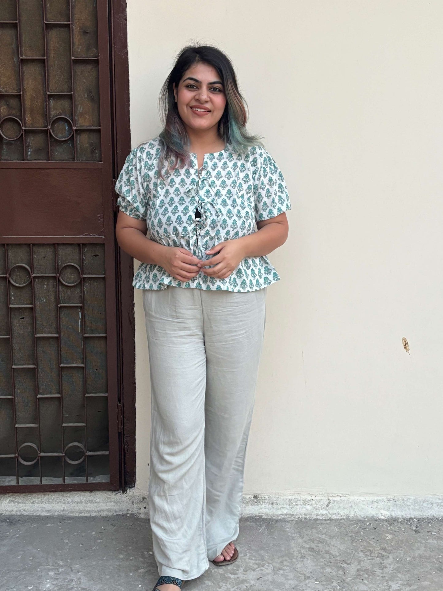 White Green Hand Block Printed Front Tie Top with Sleeves
