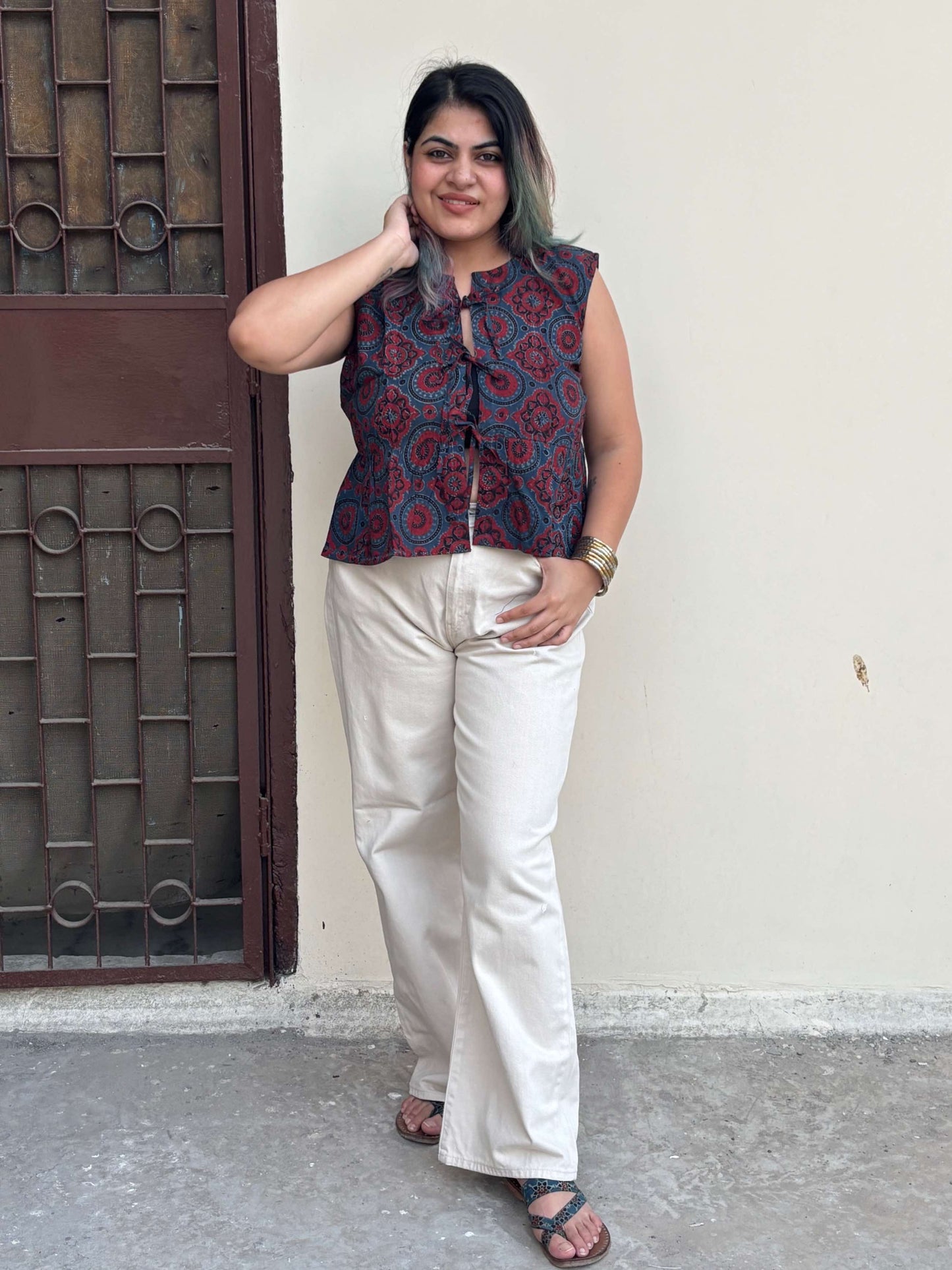 Indigo Red Ajrakh Hand Block Printed Front Tie Sleeveless Top