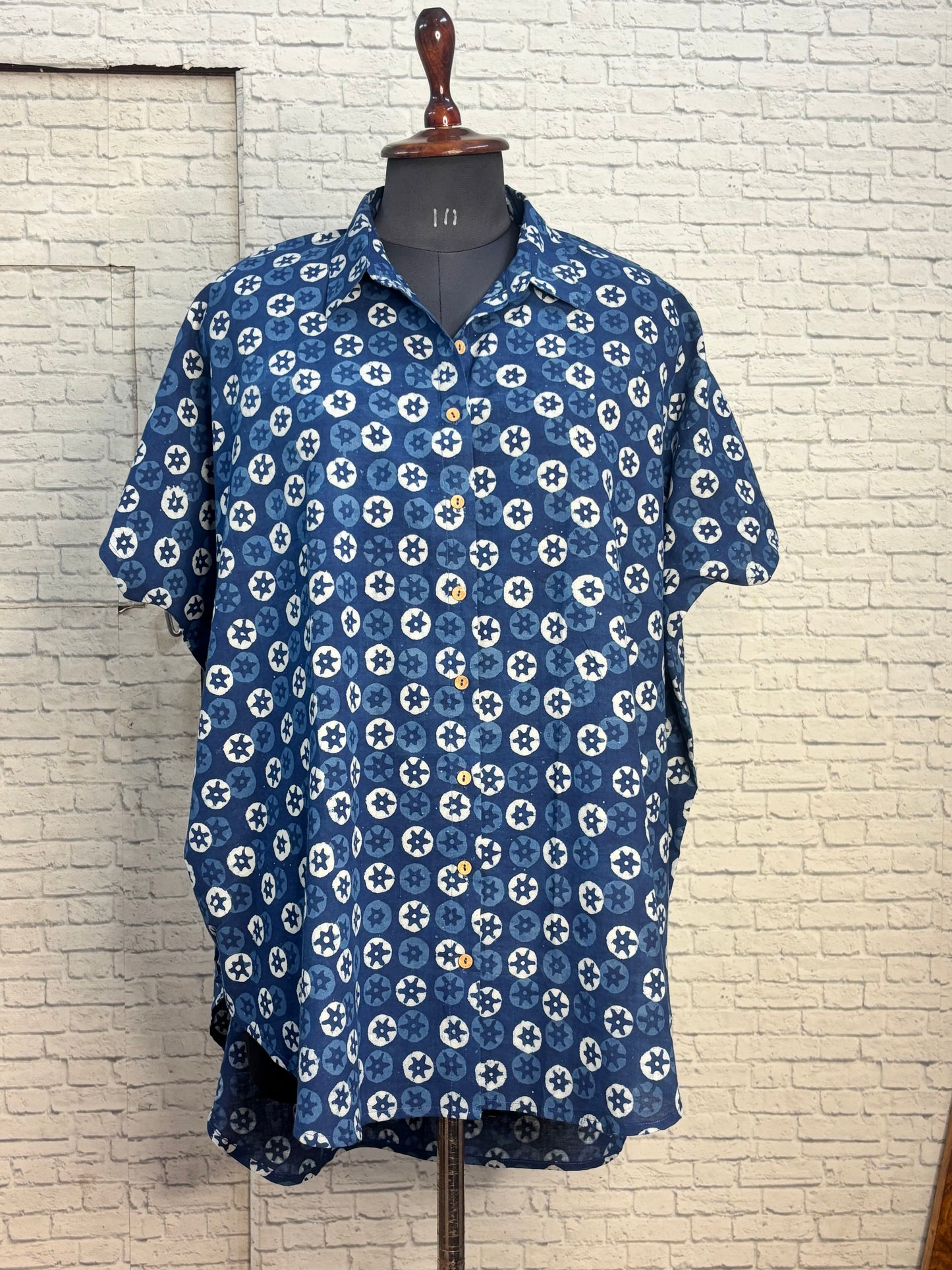 Indigo Starflower Cotton High Low Shirt Kaftan