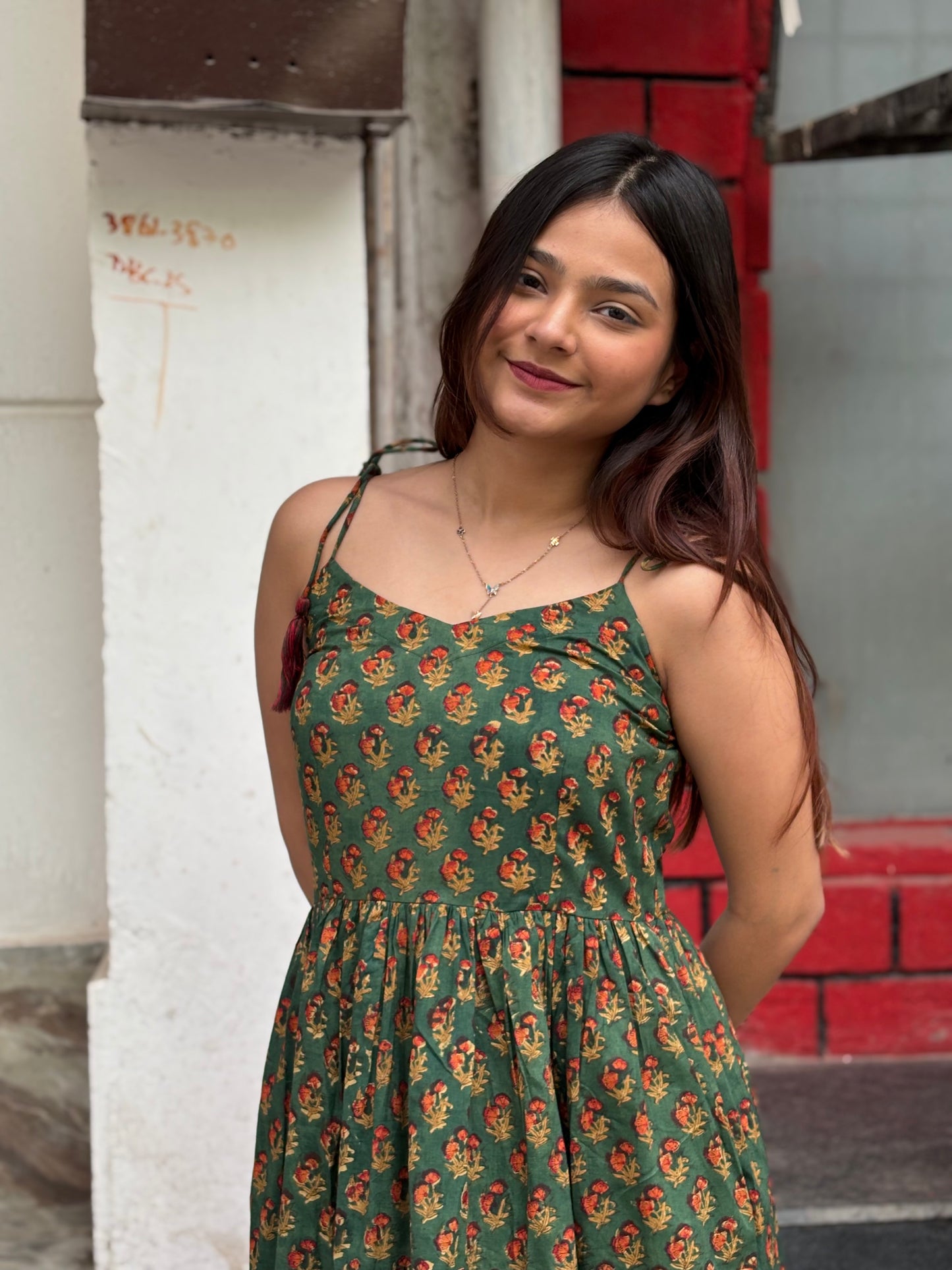 Meher Hand Block Printed Knee Length Dress with Shoulder Tie