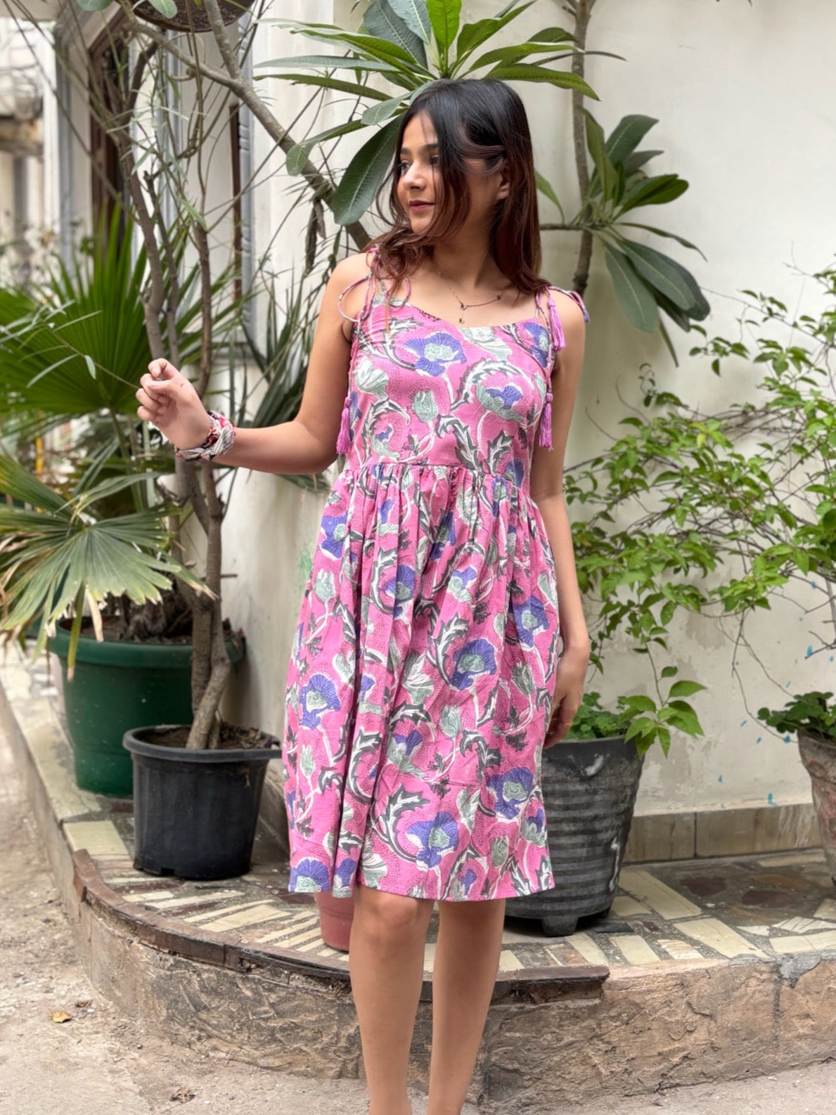 Gulabo Hand Block Printed Knee Length Dress with Shoulder Tie