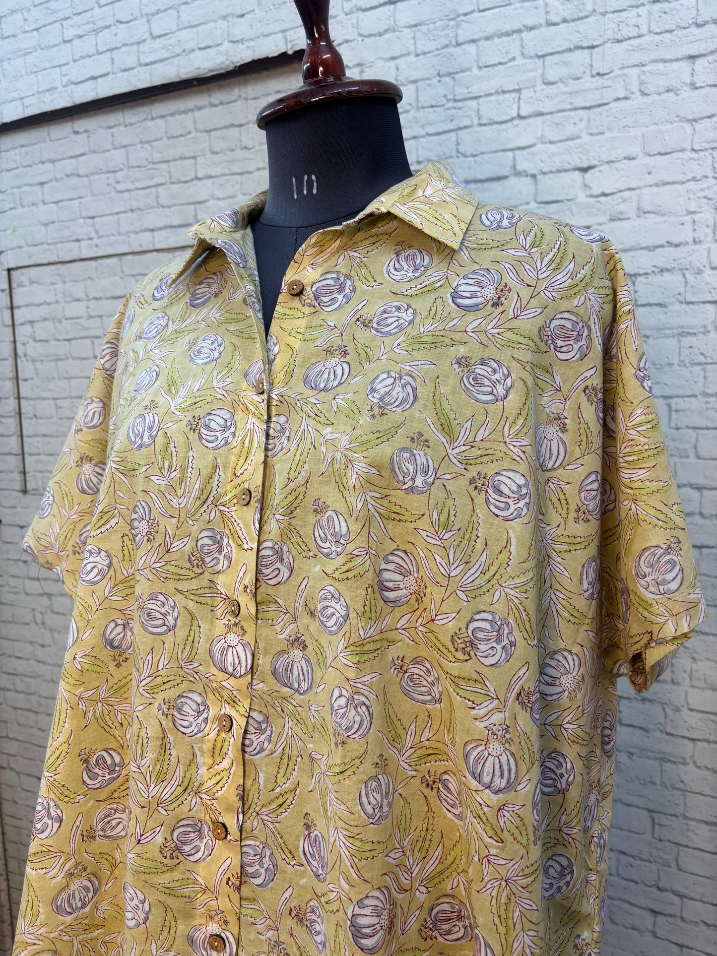 Lemon Yellow Hand Block Printed Cotton High Low Shirt Kaftan