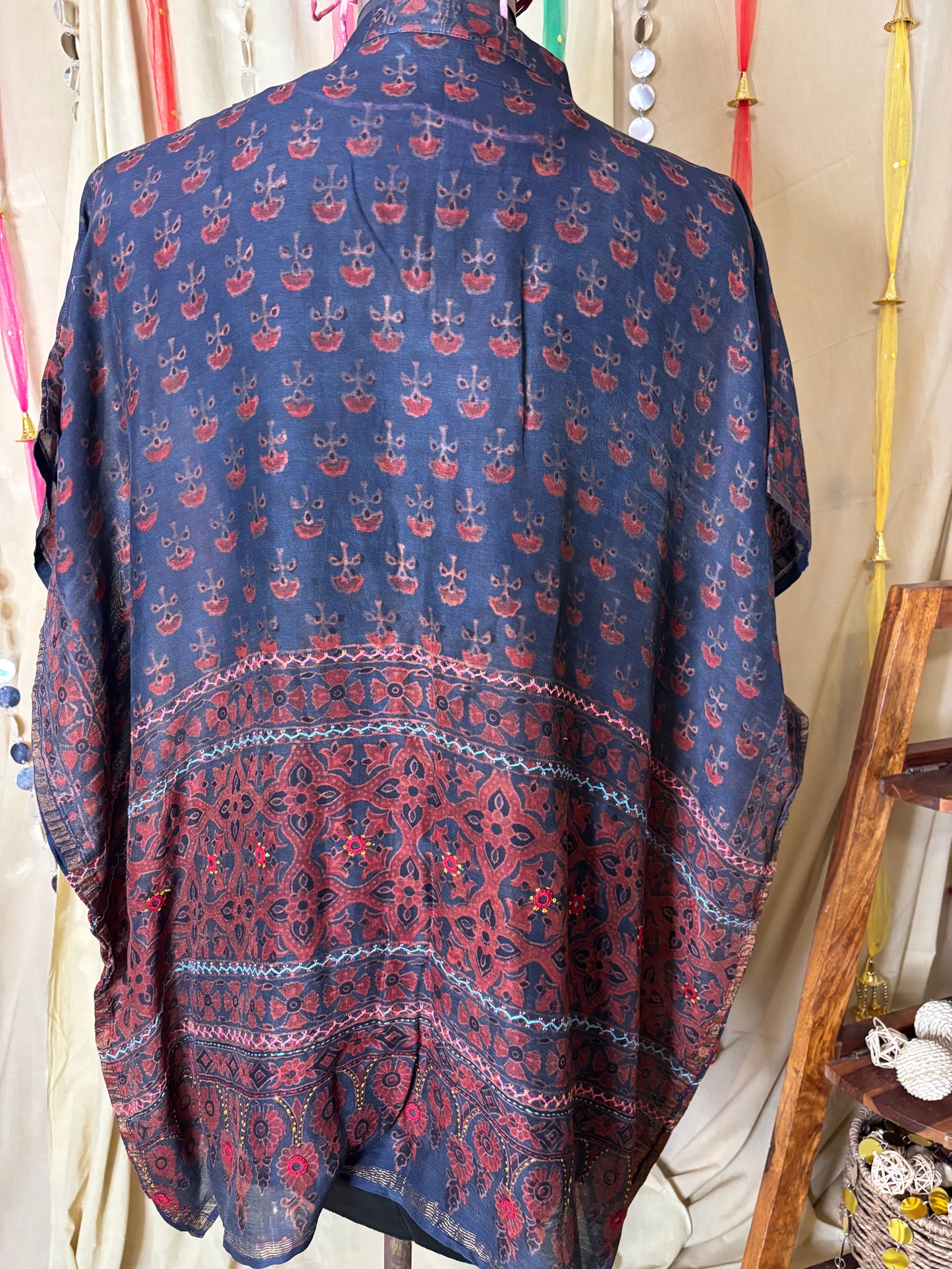 Indigo Red Ajrakh Chanderi Shirt Kaftan with Hand Embroidery