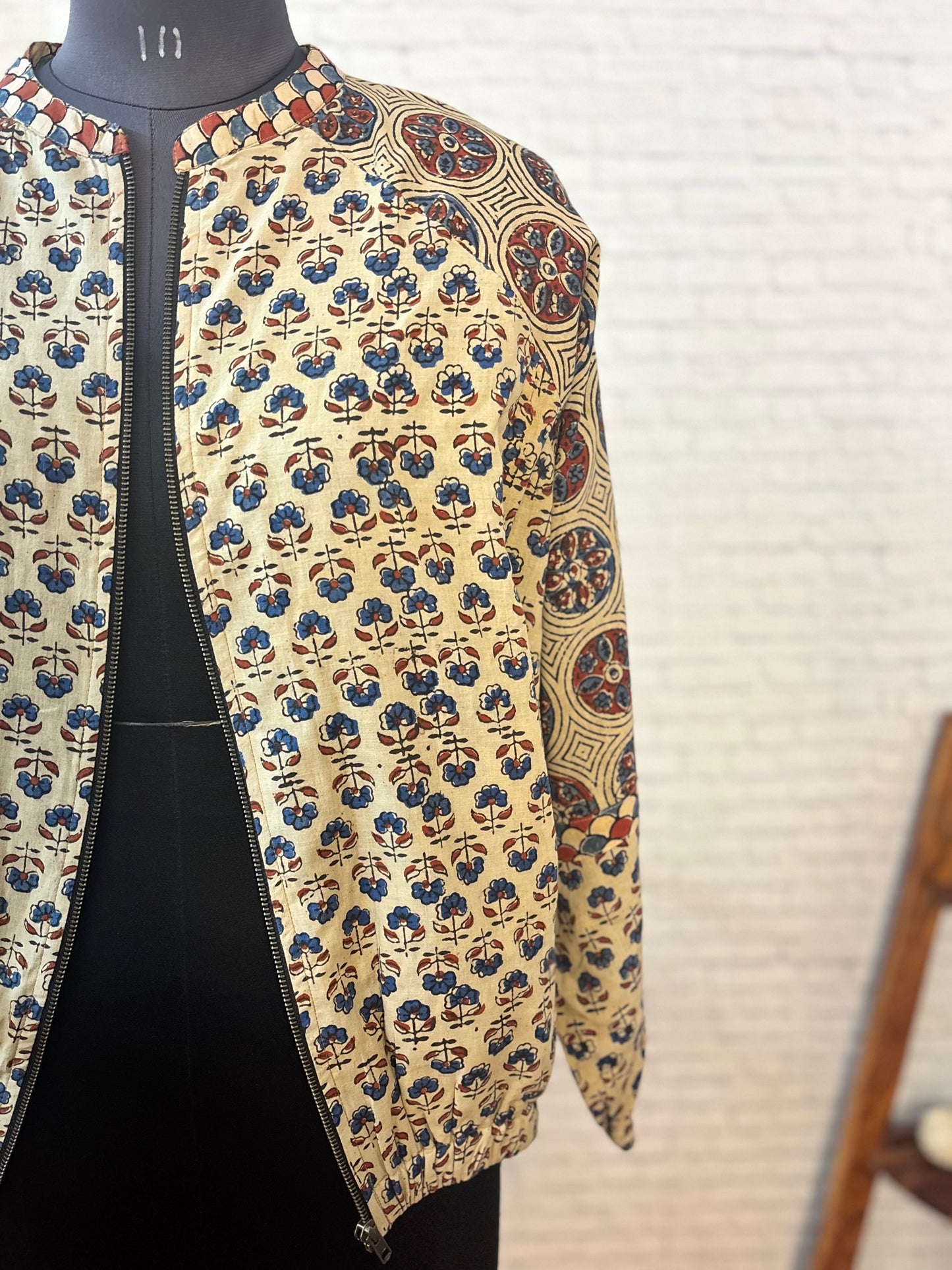 White Ajrakh Hand Block Printed Unisex Bomber Jacket