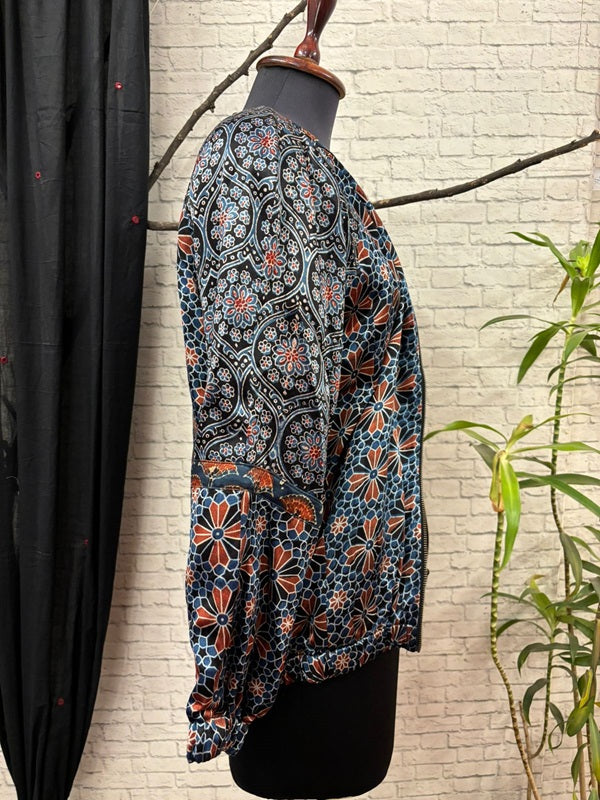 Indigo Black Ajrakh Mashru Silk Unisex Bomber Jacket
