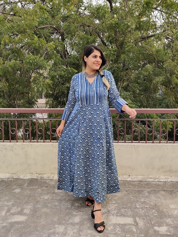 Fiza Hand Block Printed A Line Maxi Patch Dress
