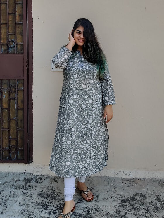 Grey White Floral Hand Block Printed Cotton Long Kurta