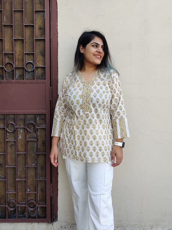 White Floral Hand Block Printed Short Kurti