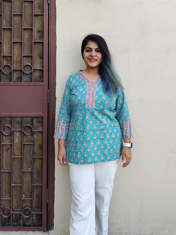 Green Pink Floral Hand Block Printed Short Kurti