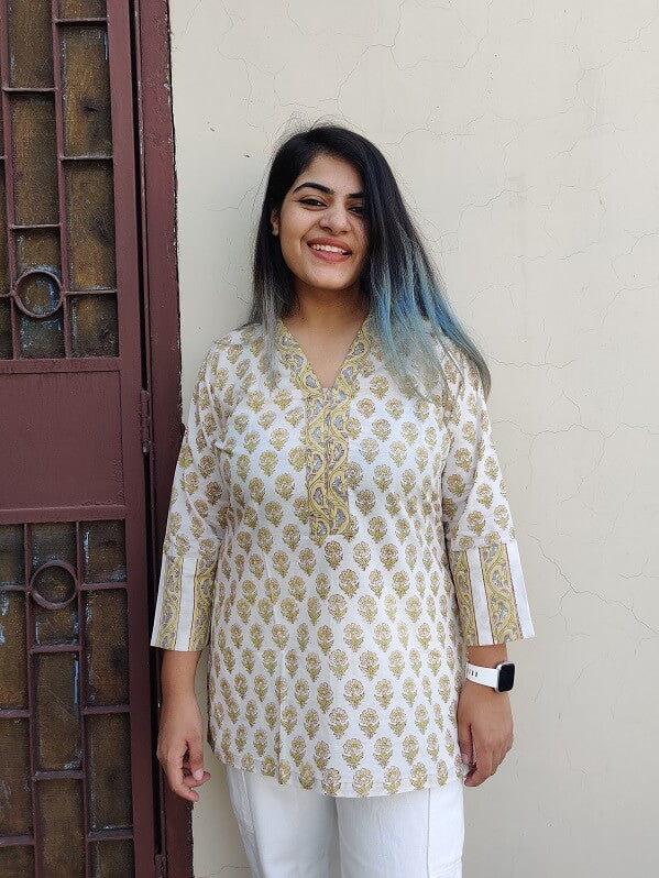 White Floral Hand Block Printed Short Kurti